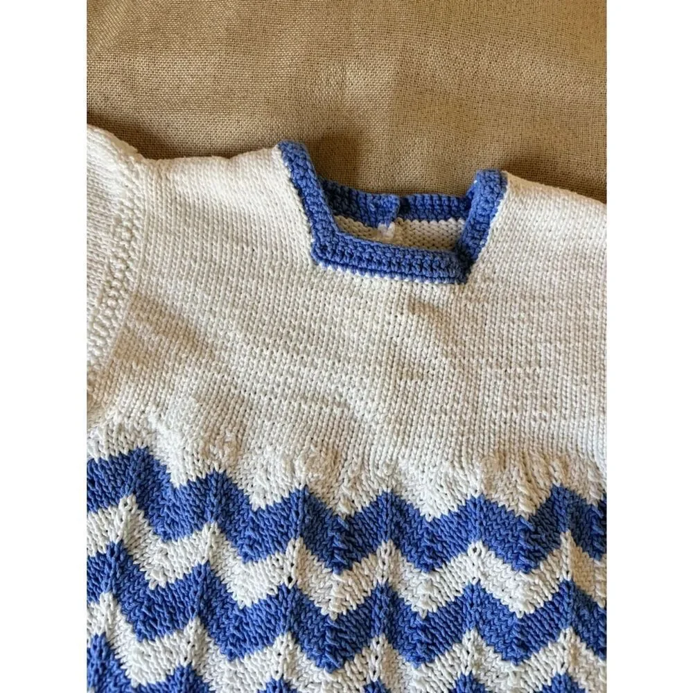 Vintage 1960s Hand Knit Baby Dress Blue White Chevron 9-12M